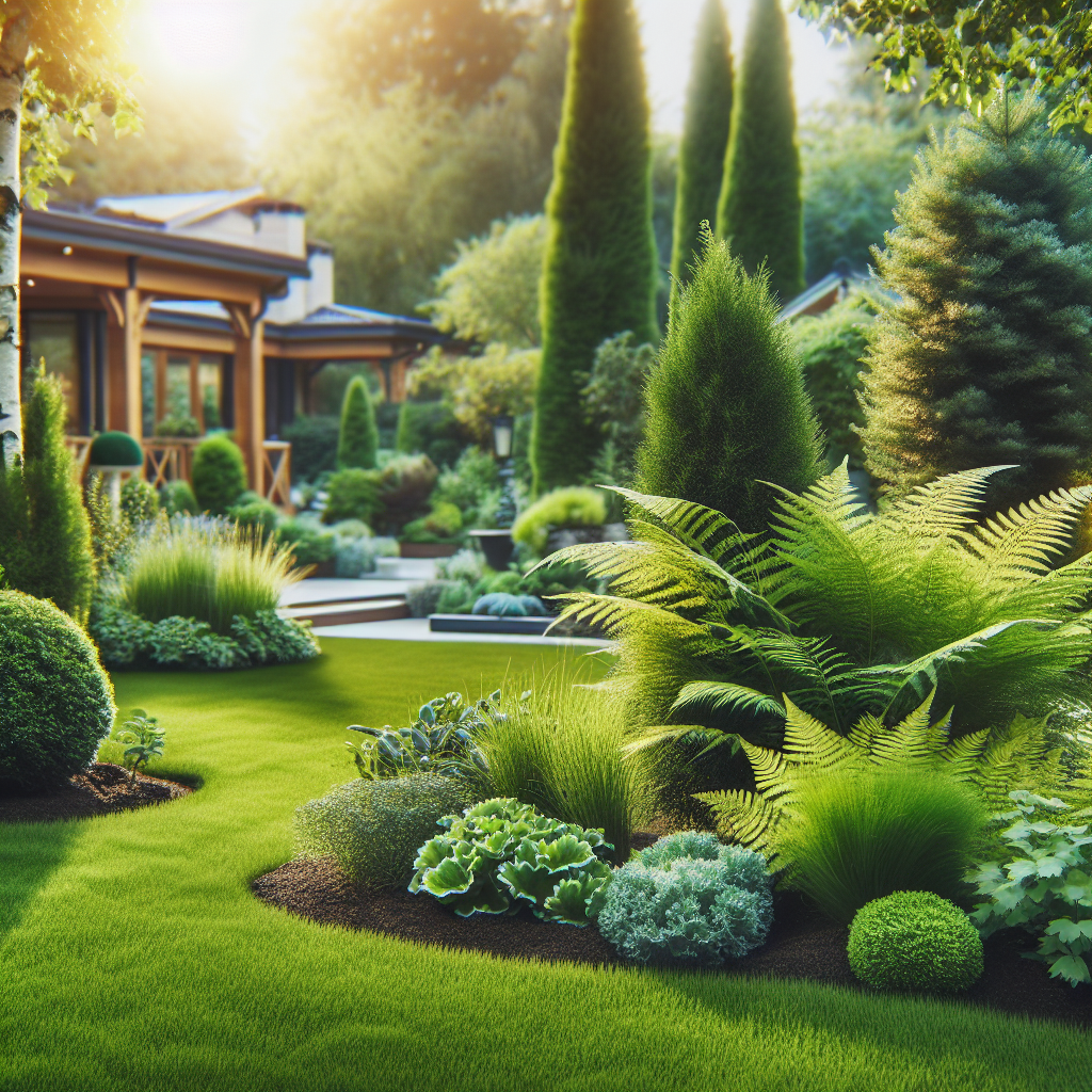 An image in the style of a professional photograph depicting outdoor spaces suitable for gardening and landscaping under extreme temperature fluctuations. Focus on lush healthy greenery in a well-maintained yard, showcasing unique garden designs withstand enduring harsh climates. A scene appealing to homeowners with a keen interest in lawn care and emphasizing the resilience of nature. No text, brand names, or logos should appear anywhere in the image.