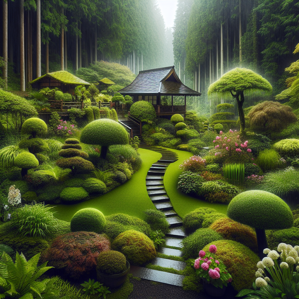 Generate a high-resolution, professional photograph-like image featuring flourishing gardens and outdoor spaces in regions that receive heavy rain and monsoons. The scene should include lush greenery, thriving under the persistent damp conditions with various species thriving. Display neatly manicured lawns and sophisticated landscaping projects demonstrating garden designs which are optimal for rainy climates. The gardens should be devoid of people, brand names, logos, and any form of text.