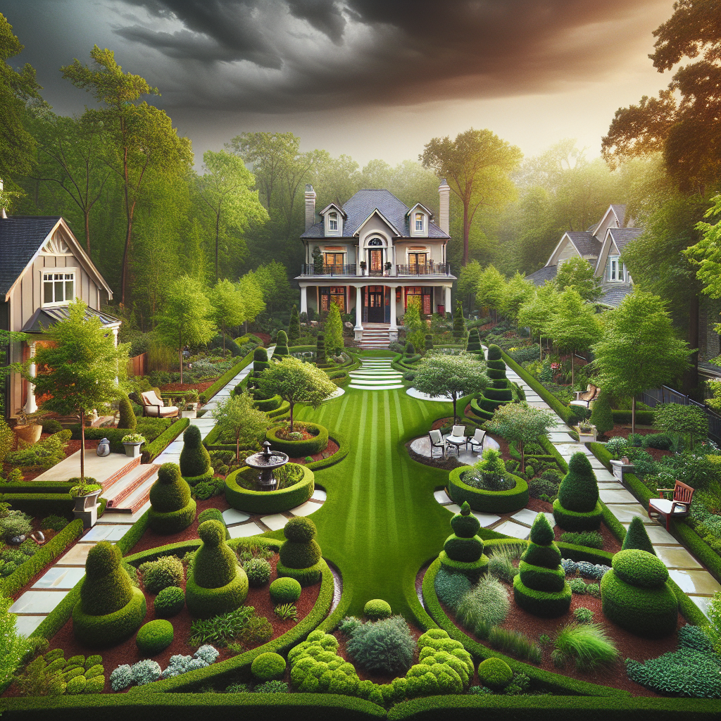 Generate a high-quality, professional photograph-like image illustrating an article concept for 'Landscaping for Tornado Alley Properties'. The image should highlight gardens, lawns, and outdoor spaces that are attractive to homeowners. Visualize lush green vegetation, perfectly manicured yards, innovative garden designs, and cutting-edge landscaping projects. Please ensure the landscaping appears designed to withstand tornadoes with strategic choices in tree varieties, placement, and other storm-resistant features. Do not include any logos, brand names, or physical text within the image.