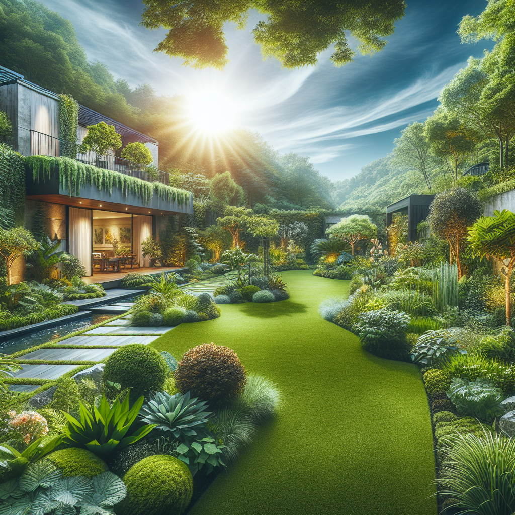 A professional, high-resolution photograph-style image displaying an outdoor space that is aesthetically appealing to homeowners considering landscaping in geothermal activity areas. The scene exhibits a thriving garden and a well-maintained lawn, basking under the radiant sun, showcasing an assortment of verdant plants curated specifically for geothermal conditions. Particular emphasis is laid on the rich greenery and the meticulous garden designs, that have been customized to capitalize on the natural warmth offered by the thermal activities. No text, brand names or logos should be noticeable within the depiction.