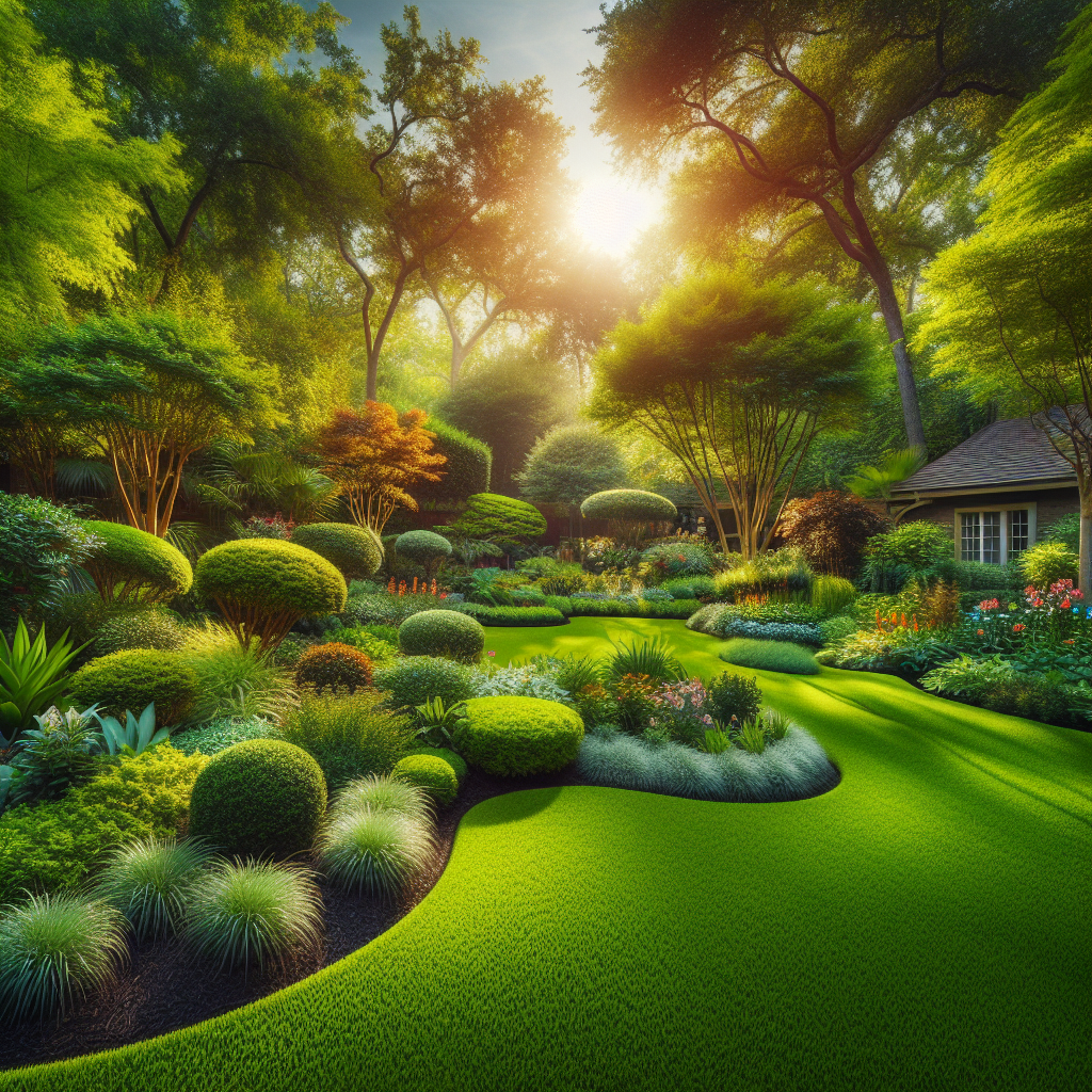 Generate a professional photograph-style image depicting well-maintained and lush green yards, with a focus on landscaping, gardens, or other appealing outdoor spaces. The scenery should have dense, vibrantly colored plants and perfectly trimmed grass that presents a stark contrast to the often barren or discolored lawns that result from Houston, Texas' clay soil troubles. Keep the image free of text, brand names, and logos for a pure, natural environment that would appeal to homeowners.