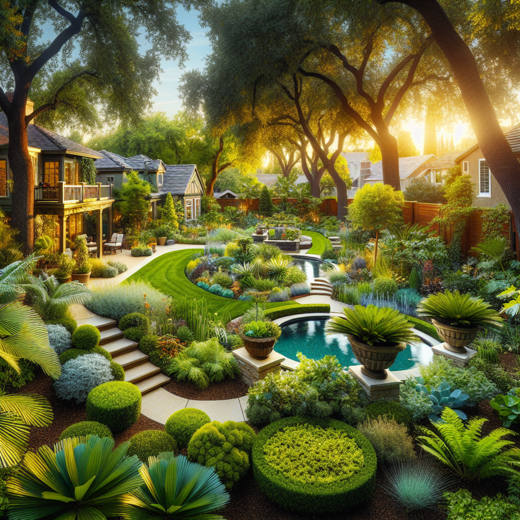 Create a professional, photograph-like image that could serve as excellent visual content for an article about the best plants appropriate for the hot climate of Sacramento, California. The visualization should focus on outdoor spaces such as landscaped areas, gardens, lawns, and other green areas that would be appealing to homeowners. The image should highlight lush green vegetation, well-cared-for yards with beautiful plant arrangements, garden designs, or landscaping projects. Please refrain from including any kind of text in the image or on any objects, and also keep it free of brand names and logos.