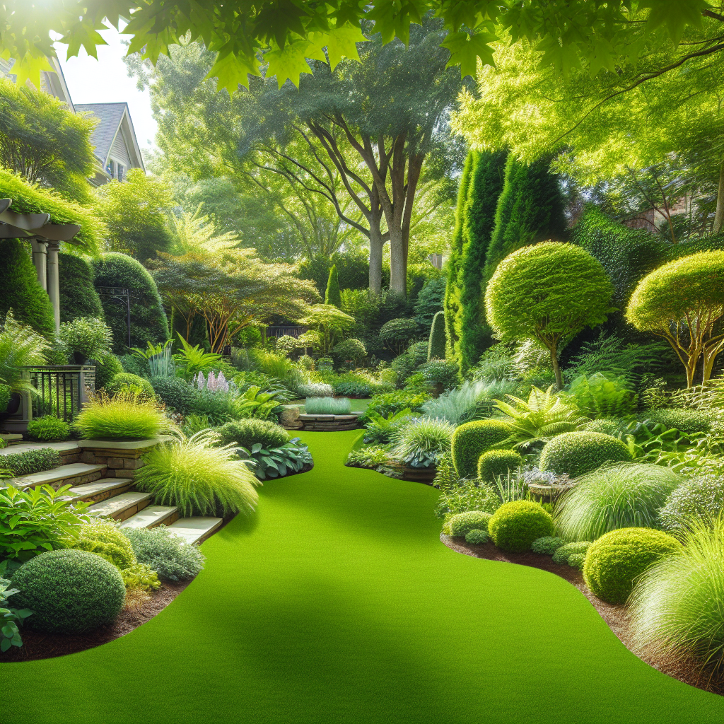 Create a professionally styled photograph image showcasing a lush and well-maintained garden or lawn typical to Nashville, Tennessee. The space should be rich with diverse green vegetation that thrives in a humid climate, featuring a variety of shapes and arrangements highlighting the different plant types. The scenery should appeal to homeowners, demonstrating refined garden designs and landscaping ideas. Ensure that the image is free from text, brand names or logos.