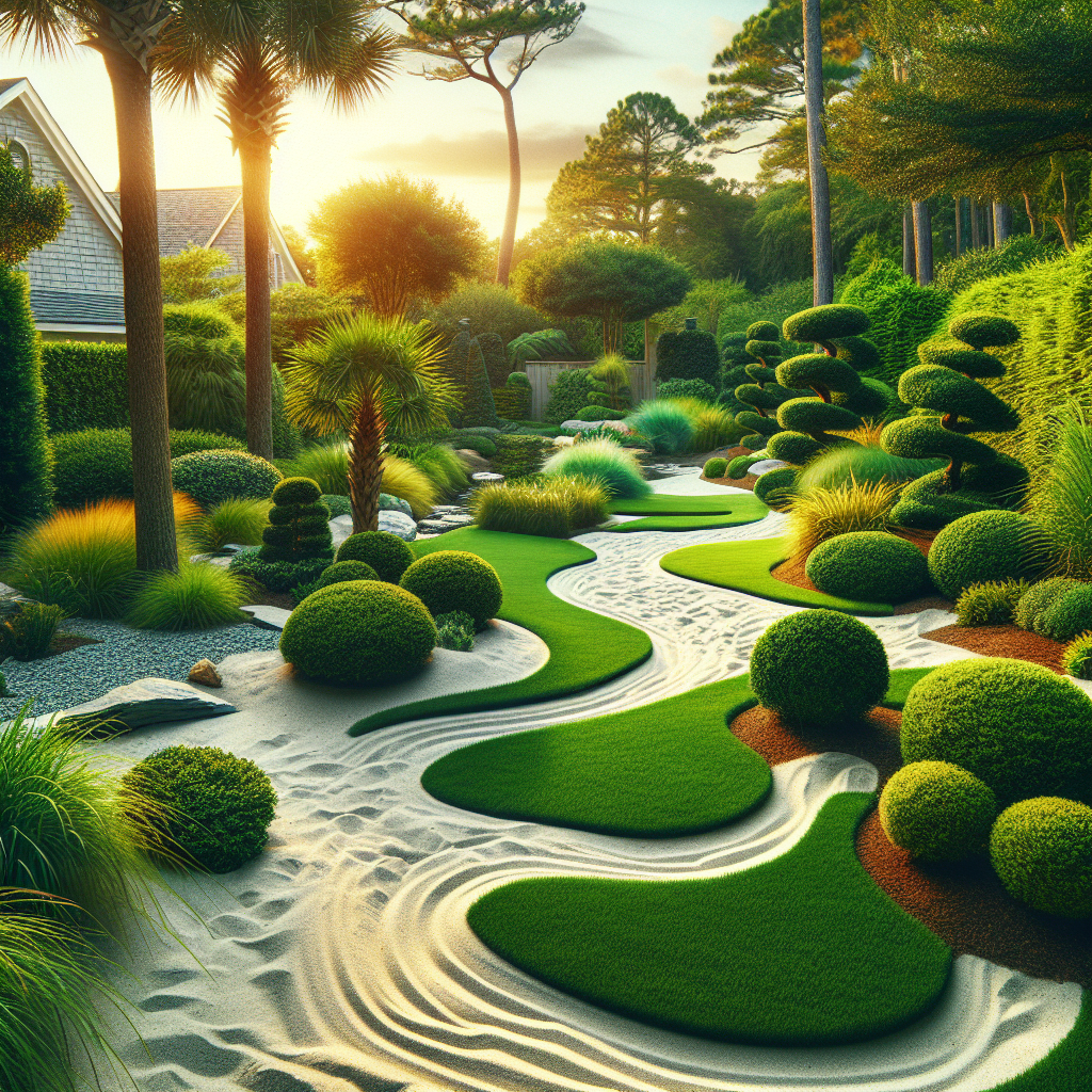 Generate an image in professional photography style showcasing a lush, well-maintained garden in Myrtle Beach, South Carolina. The focus should be on the elegant management of sandy soil, with a captivating sight of curated green landscapes. Incorporate elements such as thriving bushes, well-pruned trees, lawns with dense green grass, and yards decorated with tastefully arranged stones and gravel. Note: Do not include any text within the image, brand names, logos or any objects that could be interpreted as such.