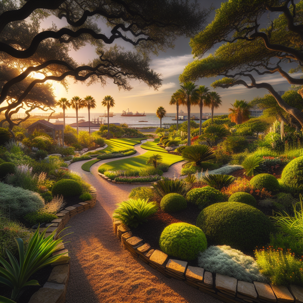 Create a picturesque image capturing the essence of landscaping, gardens, lawns, and outdoor spaces in Corpus Christi, Texas. The scene should be characterized by lush greenery, well-kept lawns, and intricate garden designs, reminiscent of professional photographs in horticultural magazines. Captivate the viewers with an appealing showcase of effective landscape projects managing to flourish in salty soil conditions. The image is devoid of any text, brand names, and logos, resonating solely with the charm of nature and human creativity in gardening. Focus on the details that would attract homeowners in this locality and inspire them to manage their own salty soils.