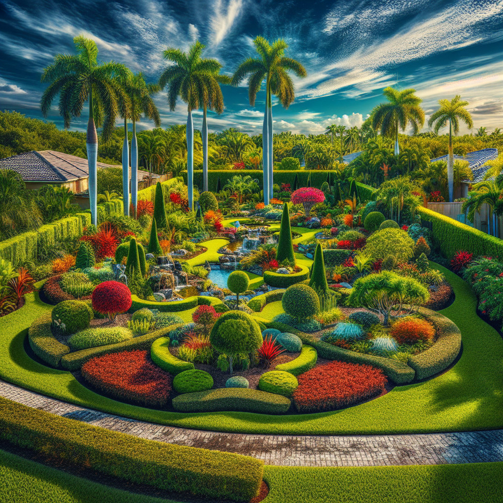 Create an image showcasing vibrant and lush vegetation in Fort Myers, Florida that showcases well-maintained yards, attractive garden designs, and unique landscaping projects. Keep it in the style of a high-quality, professional photograph. The scene should depict exceptional gardening and landscaping in an area known for marl soil, giving an insight into the beauty of the local flora and plant life. Ensure no text, brand names, or logos appear in the image so the focus is solely on the natural and man-made beauty of the scene.