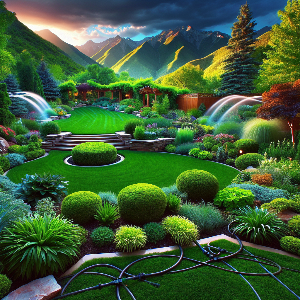 Generate a professional-grade photograph showcasing verdant low water lawns ideal for the climate in Provo, Utah. The image should capture well-maintained gardens adorned with lush greenery, with an emphasis on sustainability and water conservation. Include intriguing landscaping designs demonstrating the beauty one can achieve even on a water budget, encompassing a variety of plants, shrubs, and trees particularly suited to arid climates. The landscaping and gardens should not only be aesthetically pleasing and inviting, but also exhibit practical and efficient solutions for maintaining a low water lawn. Do not include any text or visual elements indicative of a brand or logo.