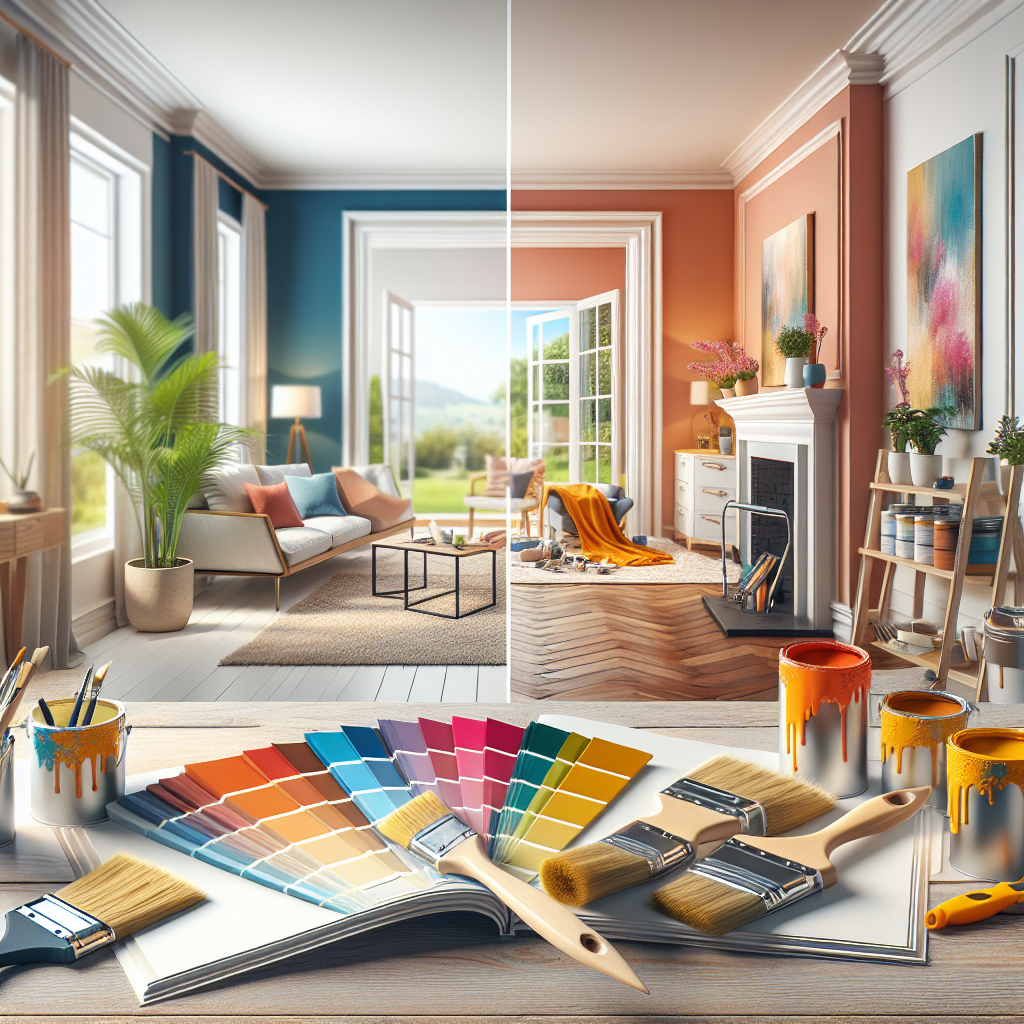 Create a beautifully composed, real-life photograph-style image in rich color that depicts a professional-grade home painting project appealing to homeowners. The image should capture a scene of freshly painted interior walls, exhibiting vibrant hues of paint. Other elements in the shot can include a range of color samples spread out on a table with a variety of different paint brushes propped up against them and a clear before-and-after transformation of a segment of the room. The objects shown in the image should not display any text, brand names or logos.