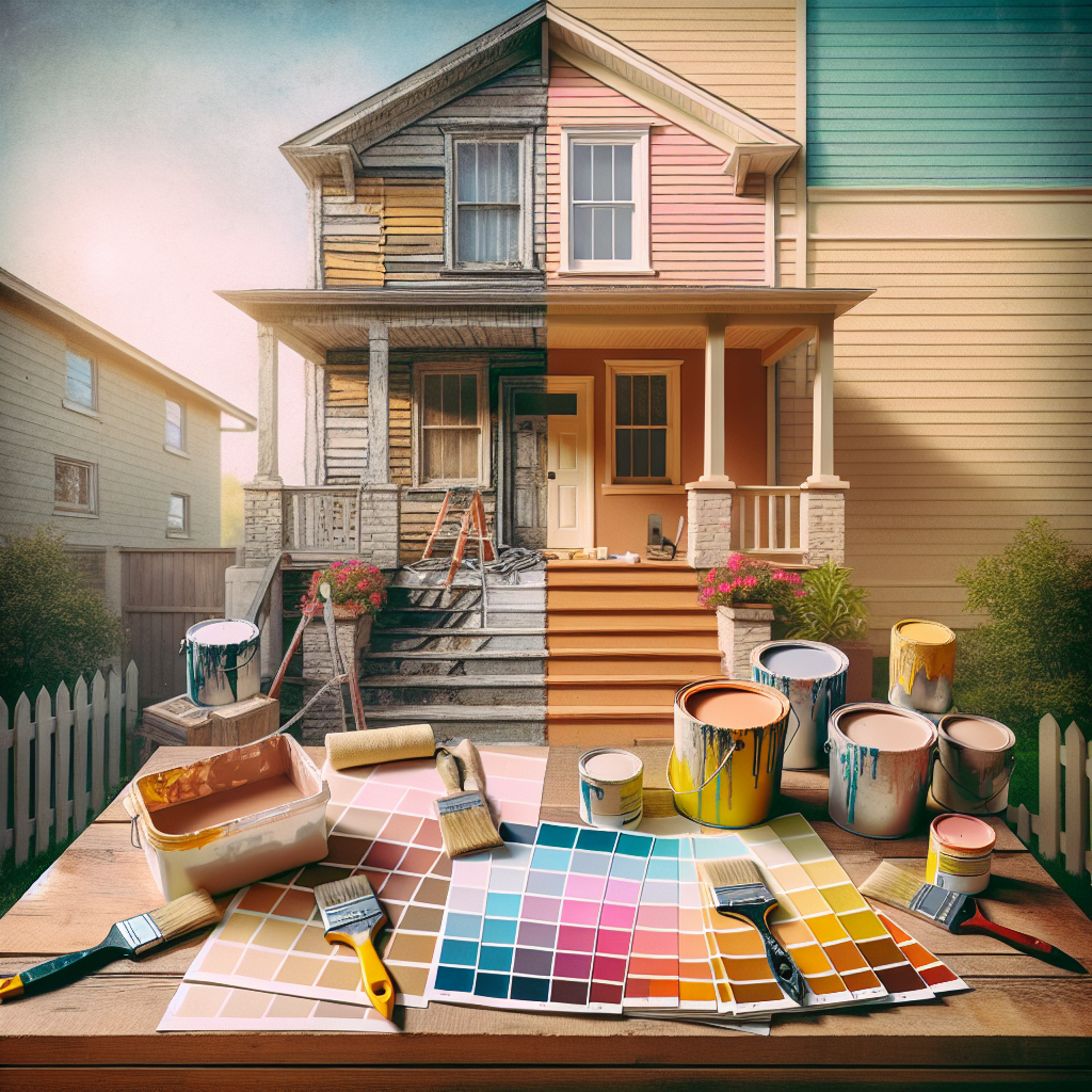 A photograph-like image capturing a moment in an exterior house painting project. Set outdoors and showcasing the vibrant transformation process with freshly painted walls in neutral shades. Include a variety of color samples laid out nearby, alongside paintbrushes covered in different shades of paint and a visibly marked out square foot section on the wall, indicating the area being worked upon. Clearly display a before and after comparison with one side of the house appearing old and unpainted, while the other side gleams with fresh paint. Ensure there are no brand names, logos, or text present within the image.