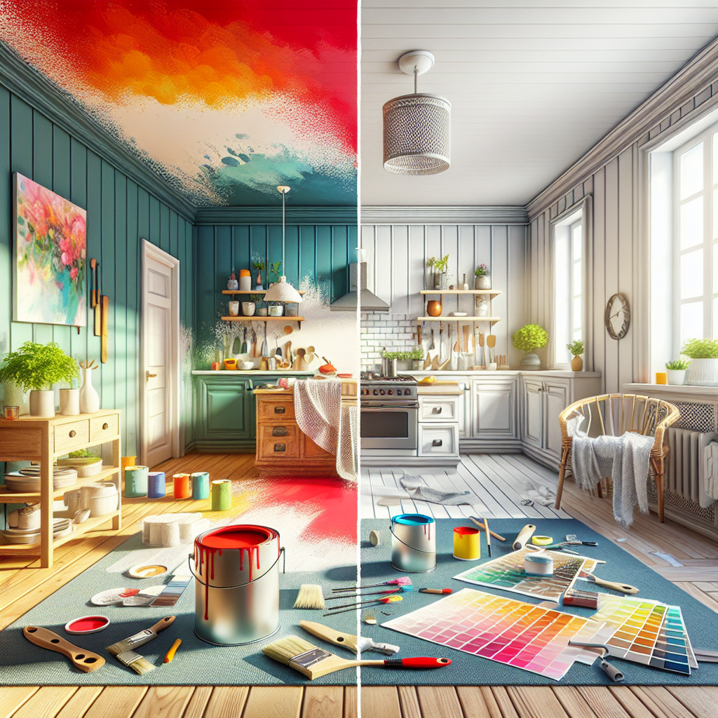 Generate a photograph-style image of a home interior painting project in progress for a homeowner-themed dressing. The scene should showcase a room, presumably a kitchen, midway between the stages of being painted and after transformation. Picture half-painted walls with fresh, vibrant colors opposite to a clean, transformed side that shows the same wall now completely painted. Include details like color swatches laid on a nearby table, paintbrushes, and unused paint cans, but avoid any text, brand names, or logos on any items. Do not include the requested prompt text in the generated image.