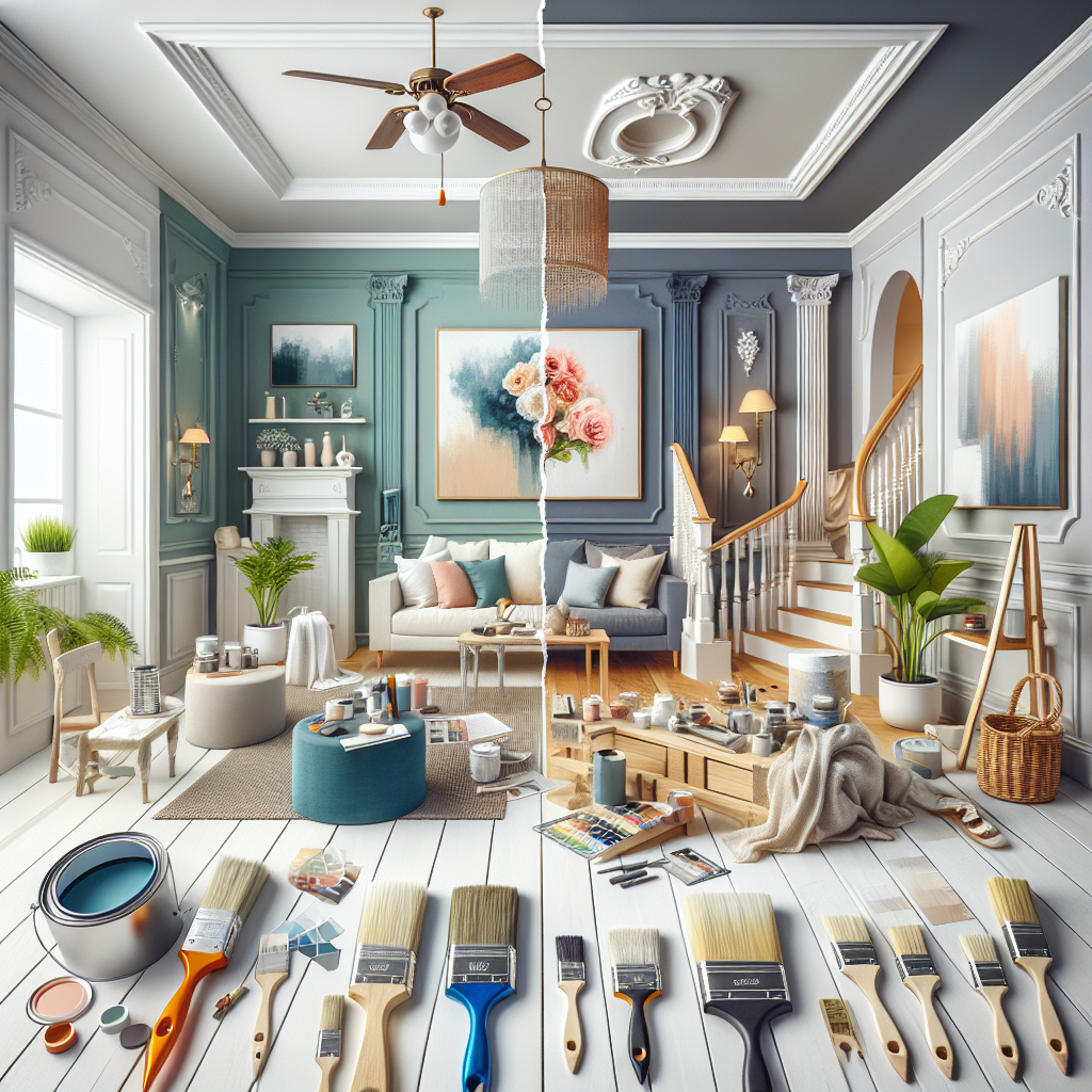 Generate a professional photograph-style image for a home improvement editorial. The picture should depict the process of home painting, either interior or exterior, and cater to homeowners' aesthetic preferences. The image should feature elements like immaculately painted walls in soothing shades, color swatches hinting at potential transformation options, and an array of paint brushes-ranging from flat to angled brushes. Also, include scenes exhibiting a stark contrast between before and after painting scenarios. Ensure the absence of any text within the image or on any objects, along with all brand insignia and logos.
