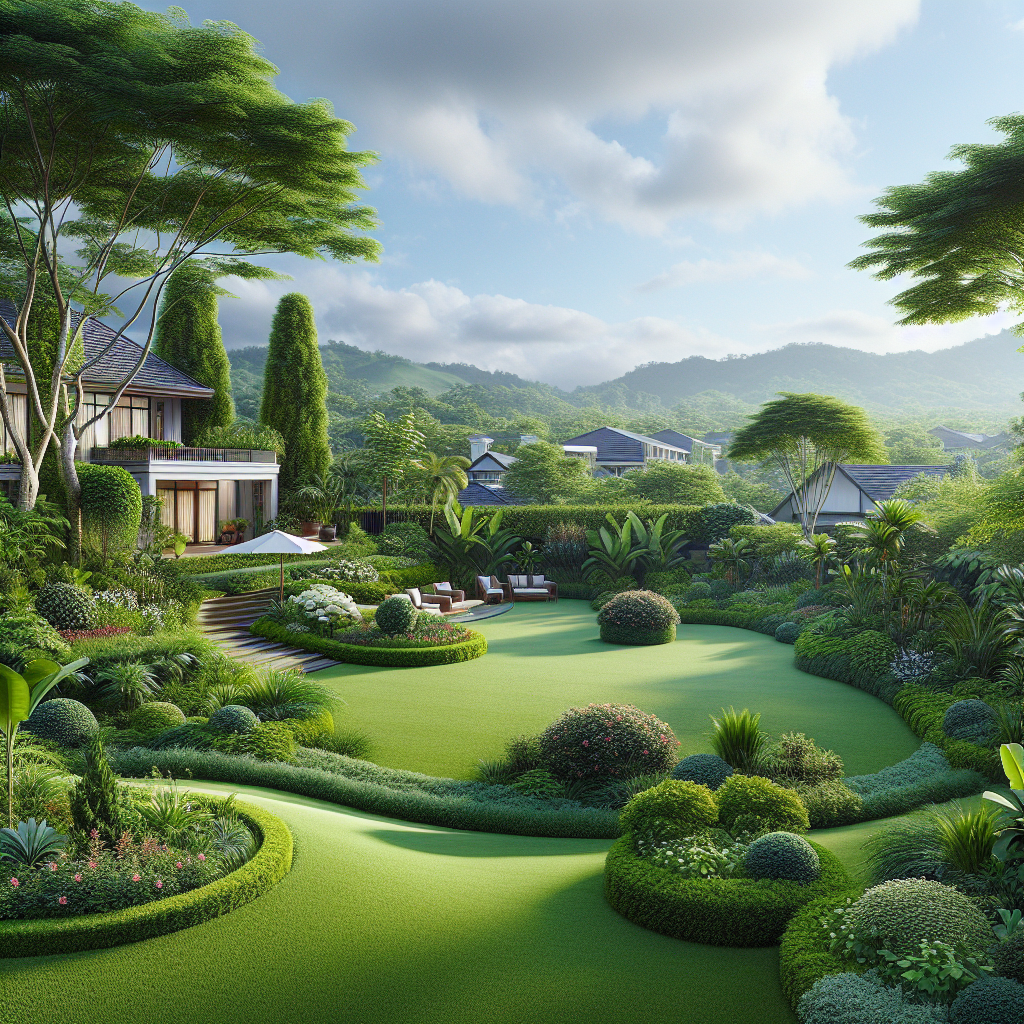 Create a professional-quality, realistic photograph-style image capturing the essence of an exquisite outdoor space that could need professional landscape design help. Picture an expansive, verdant lawn which could be better maintained, adorned with lush plants and trees. Nearby, there's a vibrant garden that shows potential, but could use some expertise in its design. The landscape undulates with the modest terrain and there are no brand logos or text visible anywhere in the scene. Seemingly untouched by human activity, this image should resonate with homeowners looking to enhance their outdoor environments.