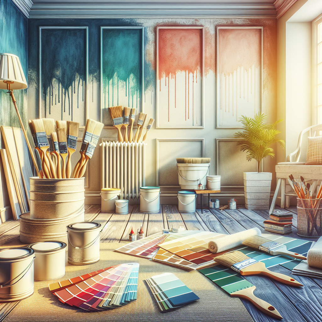 Generate a detailed, professional photograph-style image that showcases a home painting project. The scene should have an appealing aesthetic that would captivate a homeowner. Depict freshly painted walls, possibly in different stages of transformation, from a dull, typical color to a vibrant and fresh hue. Nearby, visualize a set of various color paint samples and multiple paint brushes, all contributing to the authentic feel of a painting project. The image should not contain any text or brands. Please ensure my requested prompt text does not appear in the final image.