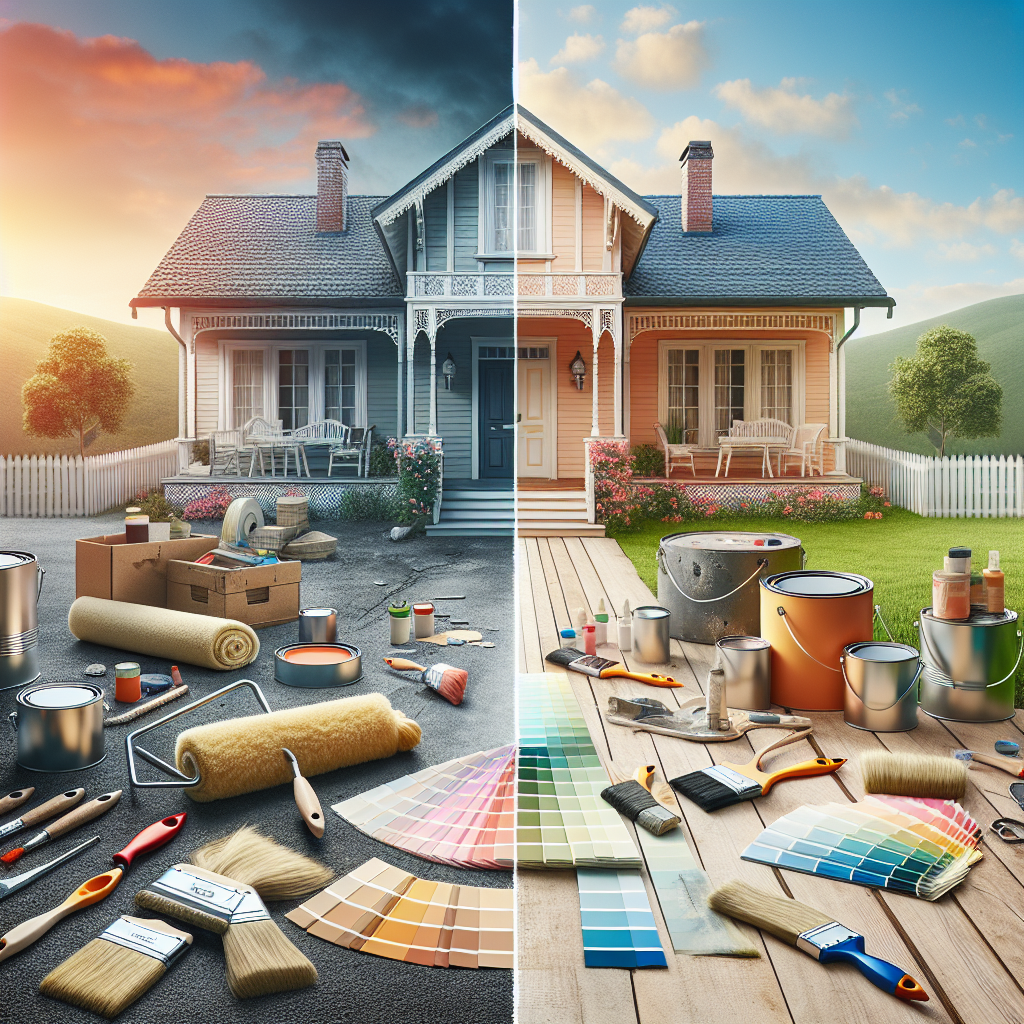 A professional photograph-style image showcasing the work of a homeowner during a house painting project. The scene includes an exterior view of the house before and after painting, with a transition line dividing the two states. One side reveals the former dull color of the house, while the other side portrays the vibrant fresh paint. On the ground, there are paint brushes, paint cans, and color samples arranged neatly, indicating the painting work in process. All items are void of any text or brand logos. No individuals are pictured in the scene.