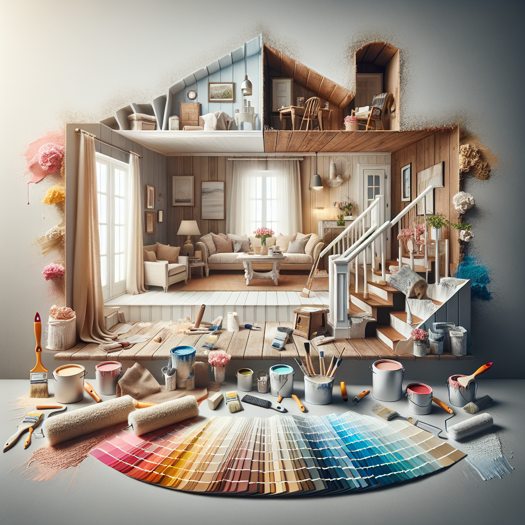 Create a professional-grade photographic image illustrating a home painting project that will resonate with homeowners. The scene should include freshly painted interior or exterior walls demonstrating various textures. Also depict a rich array of color samples accommodating different taste palettes, arranged in a visually appealing manner. Include a variety of paint brushes of different sizes as an essential part of the painting process. Showcase a striking before-and-after transformation to hint at the potential of a well-executed paint job. The image must be devoid of any text, brand names, and logos.