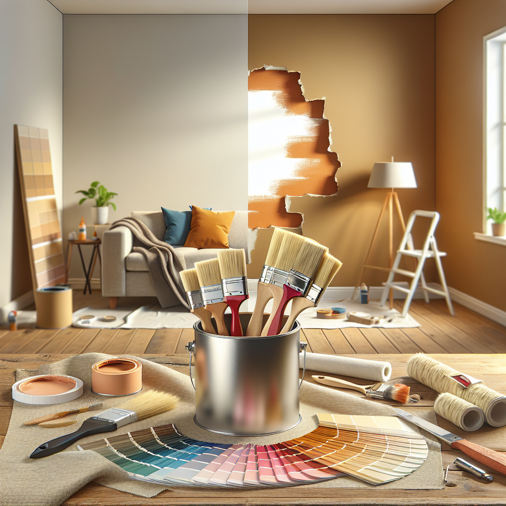 Compose an image in a professional photograph-style for a home improvement article. Showcase an indoor painting project scene that would appeal to homeowners. In this picture, include a freshly painted wall with a warm and appealing color, a small array of color samples scattered on a nearby table, a couple of clean paint brushes resting atop a paint can lid, and a portion of the image displaying the process of transformation from unpainted to painted. To highlight the professional approach, ensure the scene radiates cleanliness and precision. Do not include any textual elements, brand names, or logos within the image.