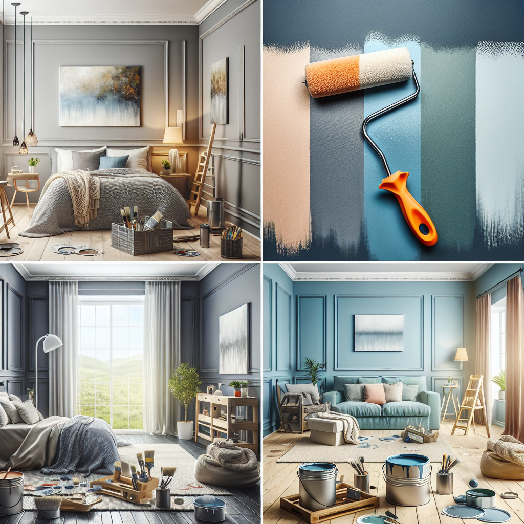 Create a professional photograph-style image for a home improvement themed composition. The focus should be on appealing north-facing rooms being painted with ideal colors. The selected rooms could range from cozy bedrooms to spacious living rooms. Showcase freshly painted walls in gradient hues of greys, blues, and greens ideal for north-facing rooms. Also, represent the process of painting with visuals like paintbrushes, rolling pans and buckets of paint. Show the transformation of a room before and after painting to demonstrate the impact. The image should be free from brand names and logos, and should not contain any text.
