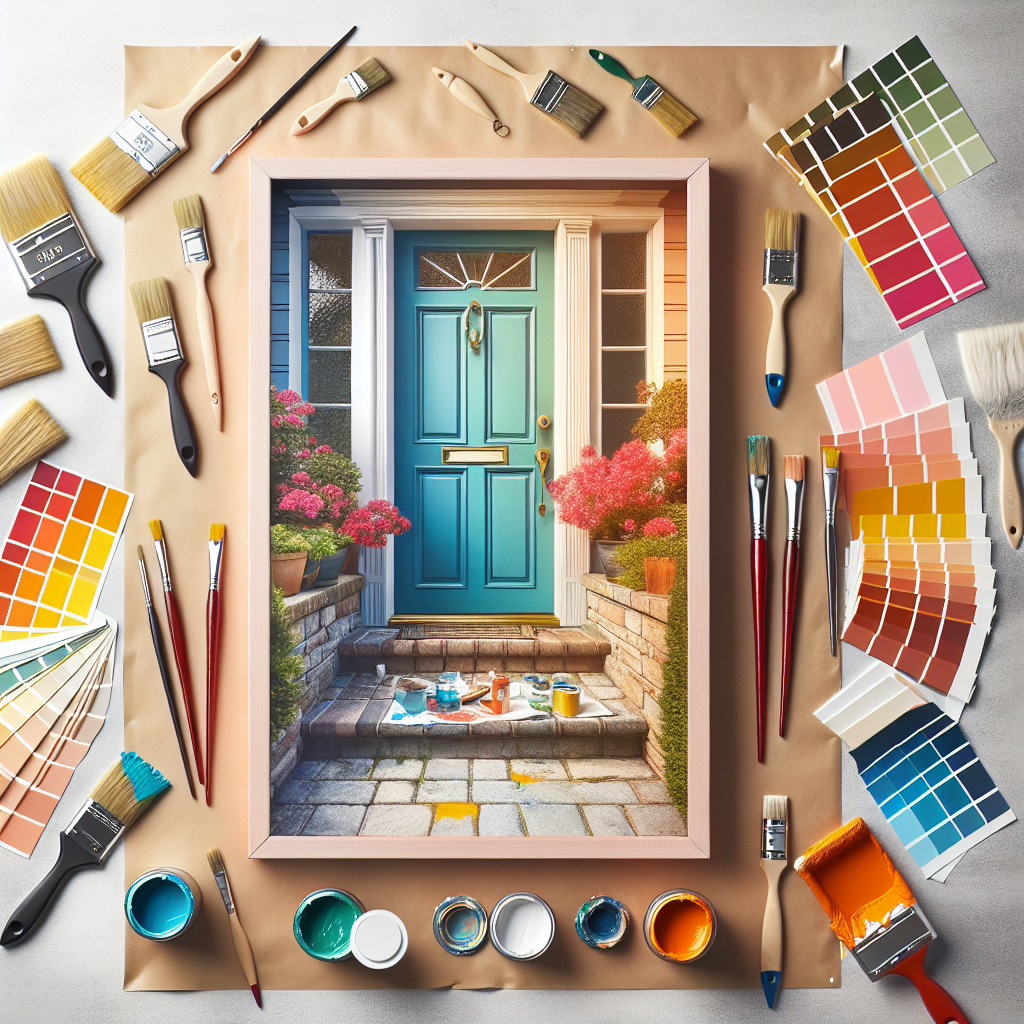 An engaging photograph-style image that could perfectly illustrate an article titled 'How to Paint Metal Front Door'. On one side, a vibrant before and after comparison of a dull, lifeless door being transformed into a brightly colored, stunning entrance. Adjacent to it, a staging area displays a variety of color sample swatches, kindling inspiration for the hopeful homeowner. An array of paint brushes lays neatly on a clean drop cloth, emphasizing the professional nature of this DIY project. Remember to omit all text and brand logos for a pure focus on the art of home painting.