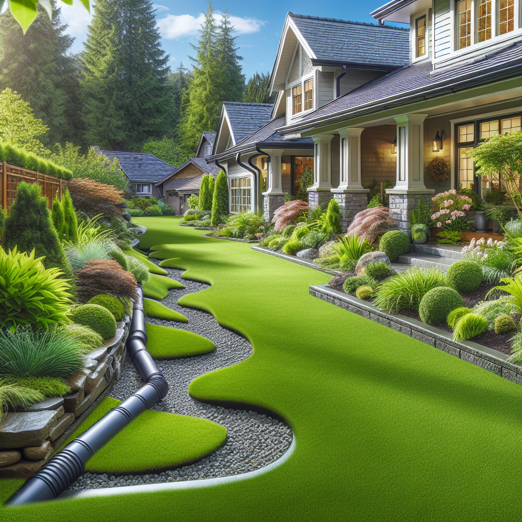 Generate a realistic, professional style photography image showcasing a serene and well-maintained residential outdoor space. The scene depicts a lush, green well-appointed lawn with beautiful landscaping and impressive garden designs. The setting incorporates elements indicative of effective yard drainage solutions, such as subtly sloping land, proper gutter routing and a slight inclination leading towards a discreetly designed rain garden. The image does not include any text, brand names, or logos.