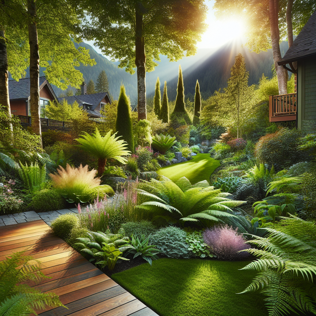 Generate a professional-grade photograph-style image for an article focusing on native landscaping. The image captures an outdoor space that homeowners might find appealing, adorned with lush, green vegetation. In the scene, display well-maintained lawns, diverse garden designs, and crucial landscaping projects. This nature haven attracts an array of butterflies and birds, thanks to the variety of native plants used in the landscaping. The image should have no text, brand names, or logos visible within the frame, maintaining a pure focus on the beautiful, unmarred nature scene.