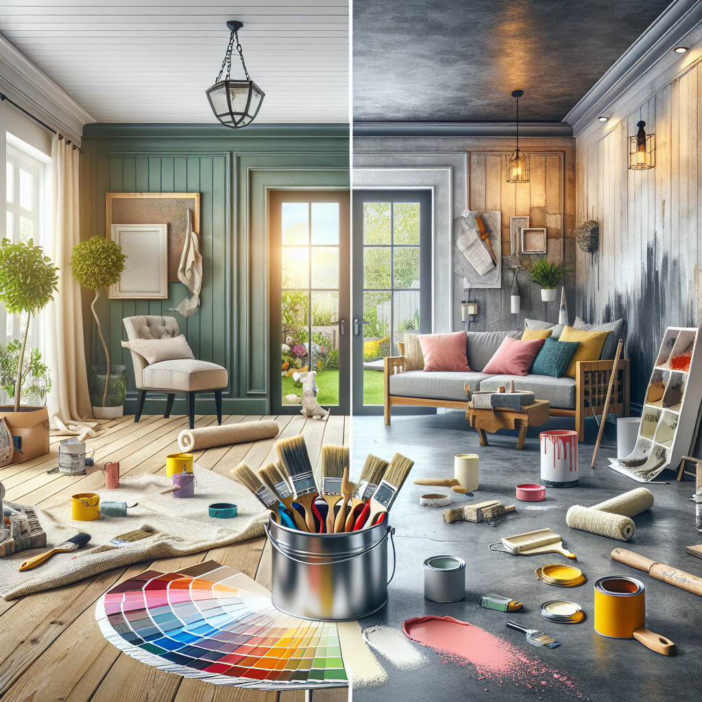 Create an image in the style of a professional photograph that would perfectly suit an article about the best paint for concrete floors. The focus of the image should be on home improvement projects, specifically involving interior and exterior painting. Display freshly painted walls in a variety of captivating colors, a selection of paint swatches revealing a spectrum of potential hues, an array of littered paintbrushes evidencing the work that has been put in. Also, showcase the transformation power of a good paint job by featuring a split scene showing a 'before' and 'after' comparison of a plainly concrete-floor room and the same room with a beautifully painted floor. Ensure there is no text in the image, nor on any objects, and steer clear of any brand names or logos.