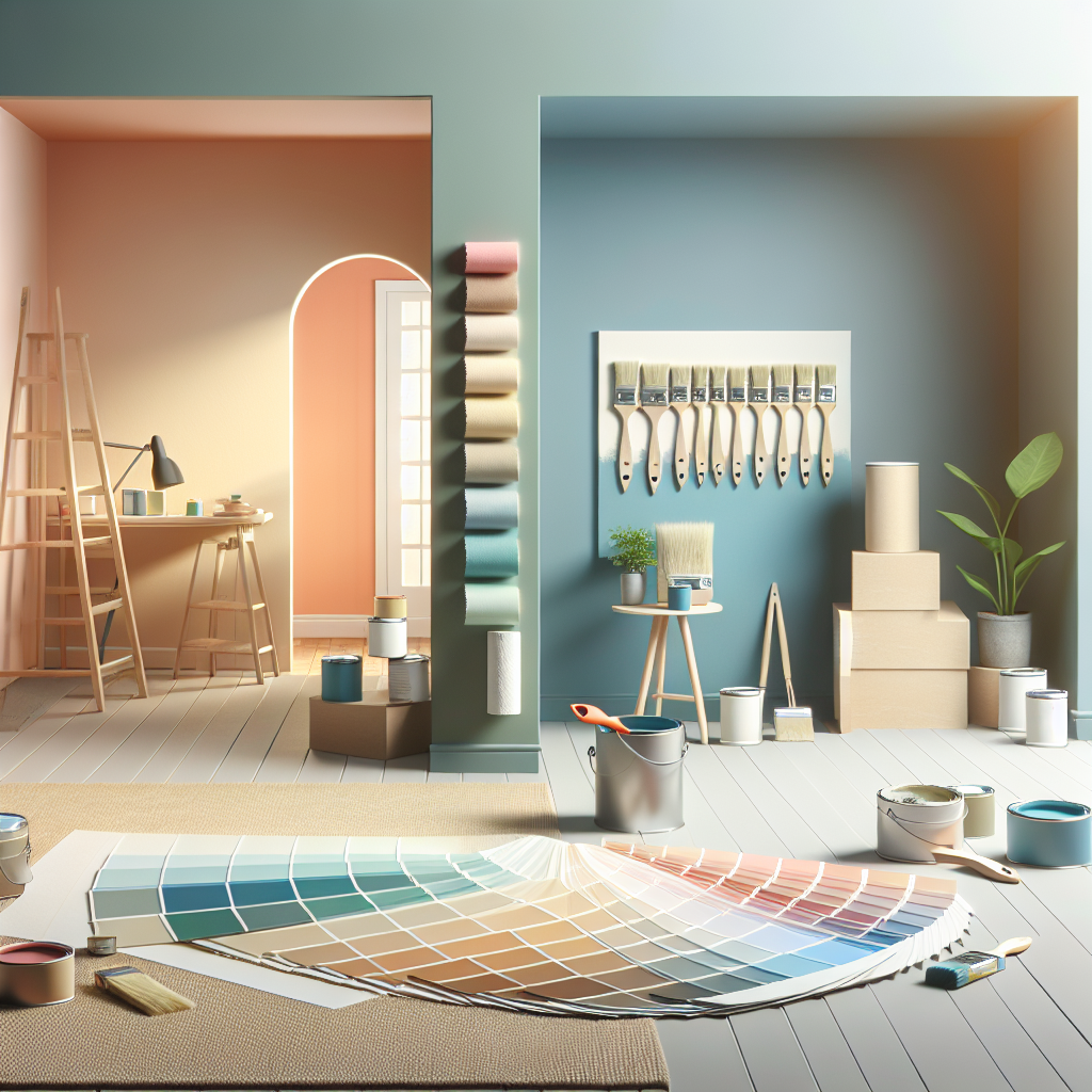 An aesthetically pleasing and professional shot of a house painting project that conveys the article topic of house painting costs. The image should include an in-progress painting project, be it interior or exterior, with freshly painted walls in a hue appealing to the eye. Adjacent to the painted wall, there should be color samples with various shades of the color applied to the wall, and nearby should be paint brushes, but be free from any brands or identifiable logos. There should also be visible evidence of a before and after transformation of the same view in the painting project. Remember not to include any text within the image.