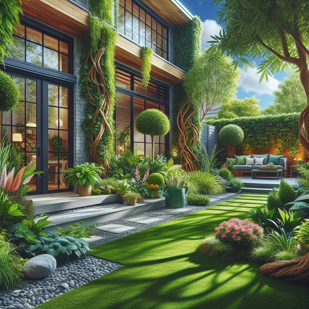 Generate a high resolution, professional photograph-style image designed for a home gardening article. The primary focus should be on a low-water front yard, exhibiting elements of practical and sustainable landscaping. The scene should include lush greenery showing its vibrancy even with low water usage. There should be sections demonstrating well-maintained lawns, striking garden designs, and innovative landscaping projects. Emphasize especially on the plant species that are drought-tolerant. Ensure that there are no text, brand names, or logos present within the image. Prioritize the appeal to homeowners by displaying aesthetically pleasing and sustainable designs.