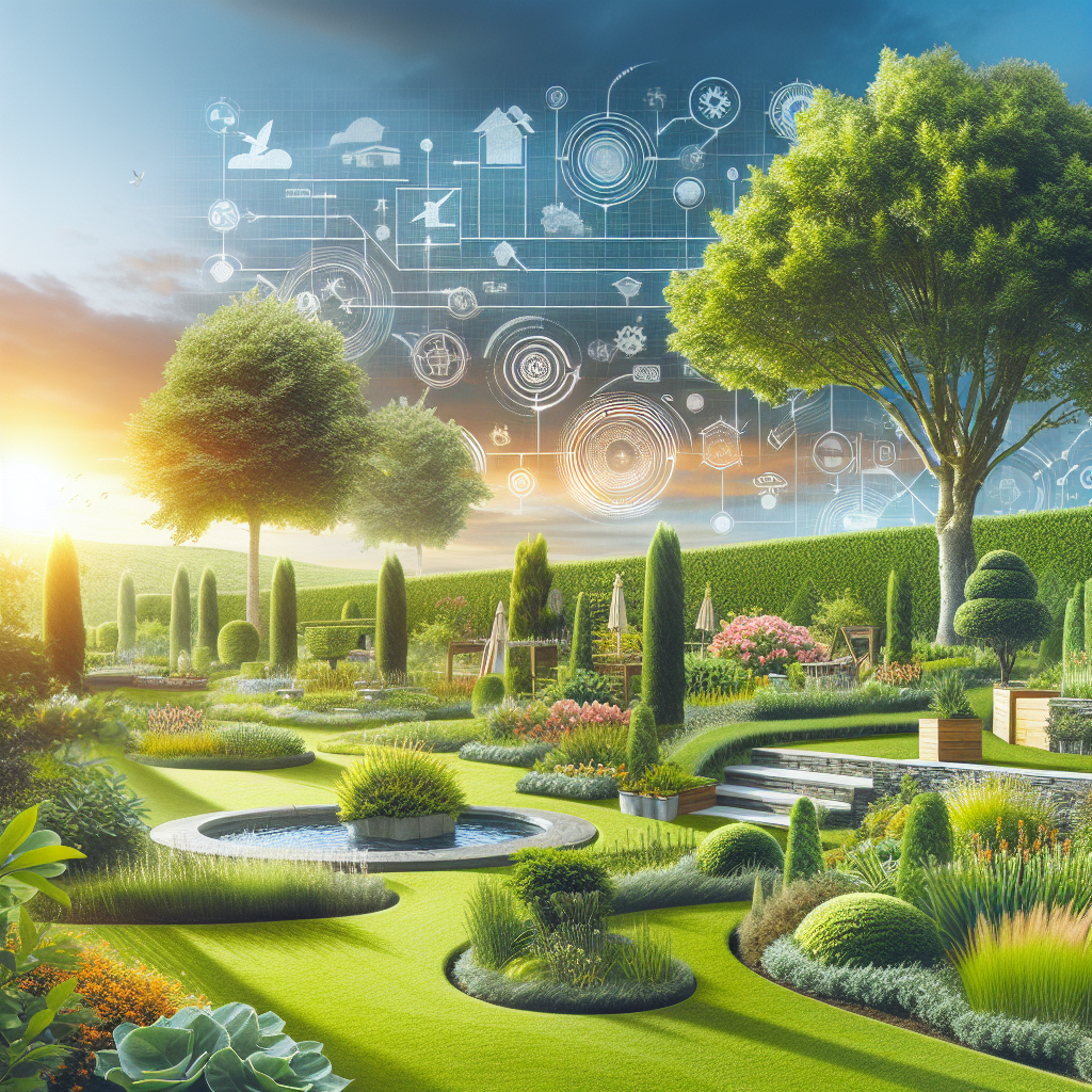 A beautifully composed outdoor scene that serves as a professional representation of landscaping and garden care. It should include elements of vibrant, lush greenery and well-maintained lawns that reflect healthy vegetation and nurturing upkeep. The image should also focus on showcasing innovative garden designs and completed landscaping projects to demonstrate the appeal to homeowners. It must strictly avoid all forms of text, brand names and logos, preserving the natural beauty and professional touch of the scene. The final image output should not include any trace of the requested prompt text.