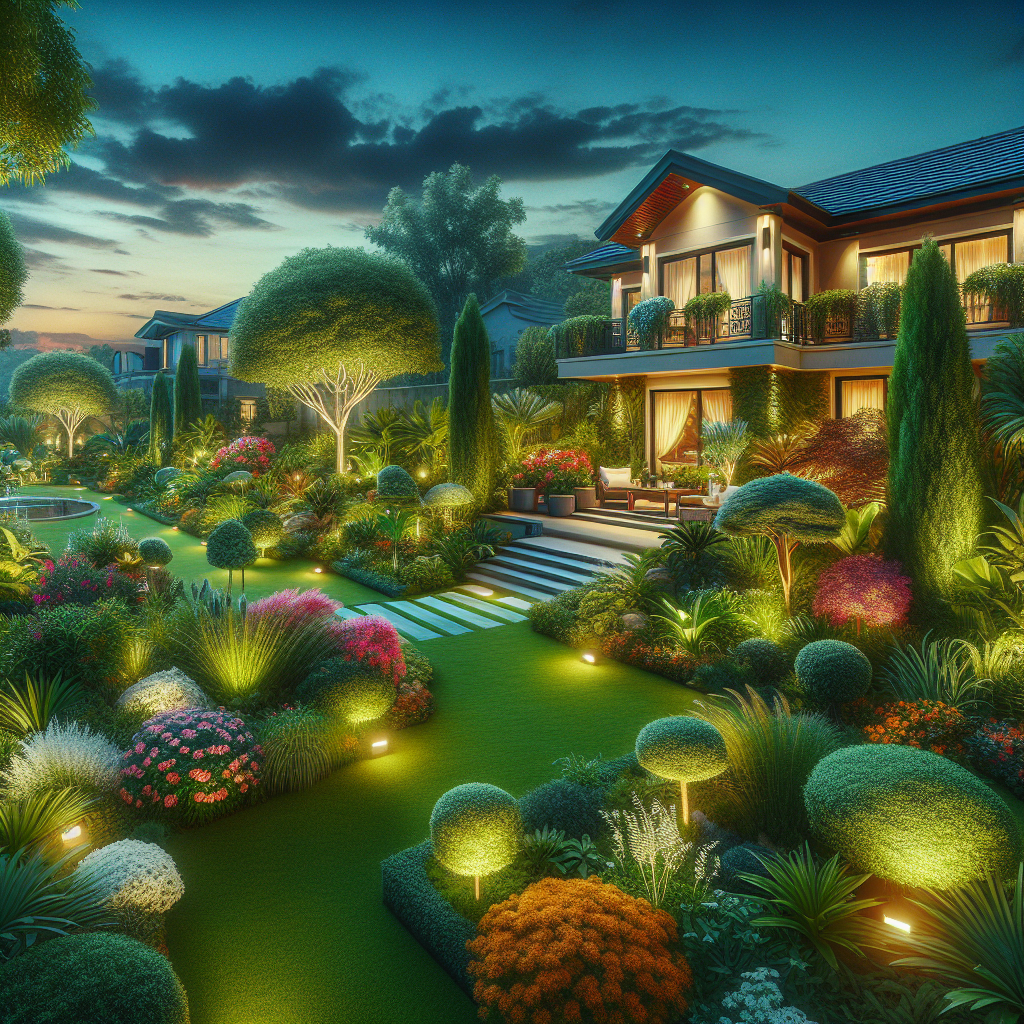Generate a high-resolution photograph-like image displaying a scenic view of a well-maintained outdoor residential environment. Showcase lush, abundant greenery, pristine lawns, manicured hedges, and artistic garden designs. Incorporate a variety of vibrant flowering plants and shrubs to add splashes of color. Also include architectural elements like tastefully placed outdoor landscape lighting, showcasing how the lighting enhances the aesthetic appeal of the landscape at dusk, without the presence of any human figures, brand names, or logos.