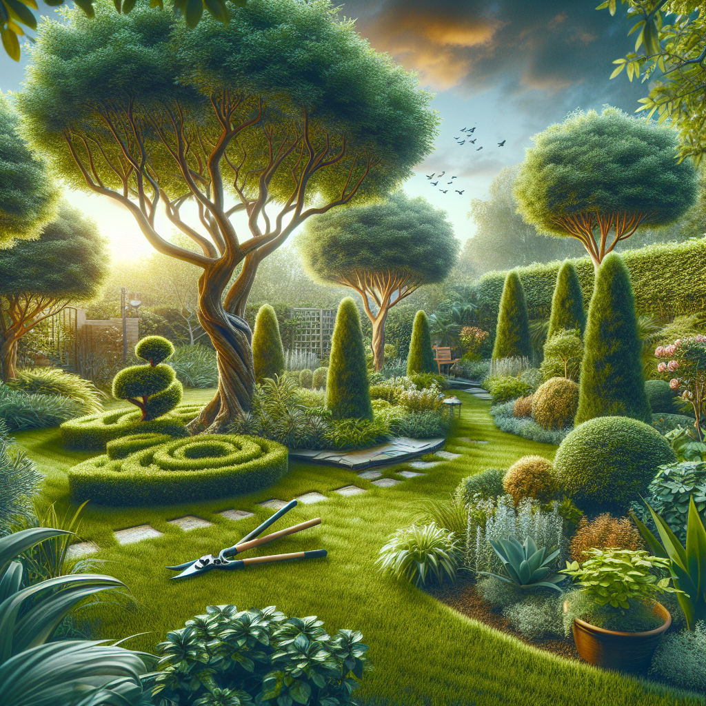 Create a professional photograph-style image that showcases a landscaped outdoor space typical of suburban homeowners. The scene should include a variety of trees and shrubs, indicative of a well-maintained yard or garden, and these plants should have the vibrancy and lushness of optimal growth, as if they have been expertly pruned. Let there be a hint of ongoing gardening work, perhaps some pruning tools carefully placed, but without any brand names or logos. Avoid including any text within the image or on any objects. The overall mood should be serene and appealing, a testament to careful gardening and an inviting outdoor space.